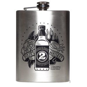 Rum 2 Whiskey - Rose Flames - Stainless Steel Flask Punk Rock Rockabilly Retro
